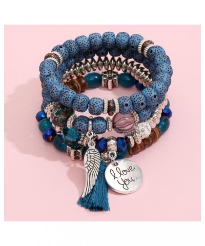 Women's Multi-layer Bracelet Turquoise Beads Leaf Shape Tassel Pendant Stretchy Bracelets Ladies Girls Hand Jewelry Blue $7.1...