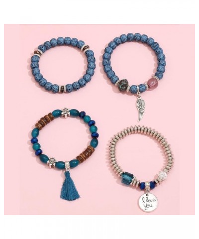 Women's Multi-layer Bracelet Turquoise Beads Leaf Shape Tassel Pendant Stretchy Bracelets Ladies Girls Hand Jewelry Blue $7.1...