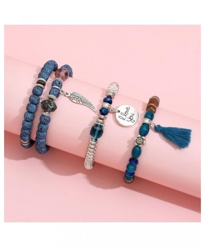 Women's Multi-layer Bracelet Turquoise Beads Leaf Shape Tassel Pendant Stretchy Bracelets Ladies Girls Hand Jewelry Blue $7.1...