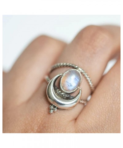 925 Silver Plated Vintage Moonlight Gemstone Moon Ring Boho Twisted Rope Crescent Band Natural Moonstone Birthstone Solitaire...