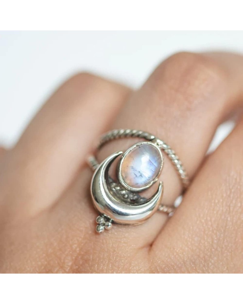 925 Silver Plated Vintage Moonlight Gemstone Moon Ring Boho Twisted Rope Crescent Band Natural Moonstone Birthstone Solitaire...