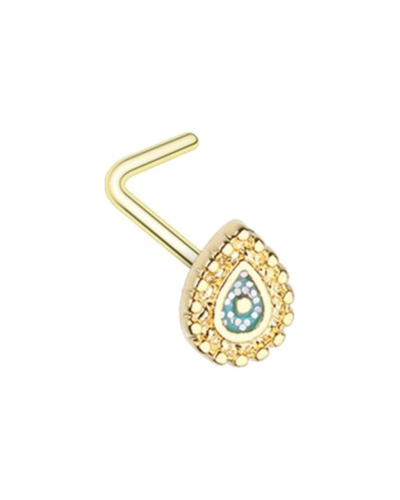 Sparkling Ornate Teardrop L-Shaped Nose Stud Ring 20 GA, 9/32", Gold $9.51 Body Jewelry