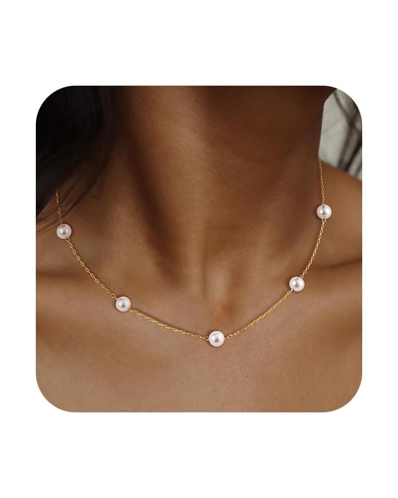 Dainty Gold Pearl Necklace for Women, Trendy 14k Gold Plated/Silver Pearl Choker Necklace Set Cute Layered Single Pearl Penda...