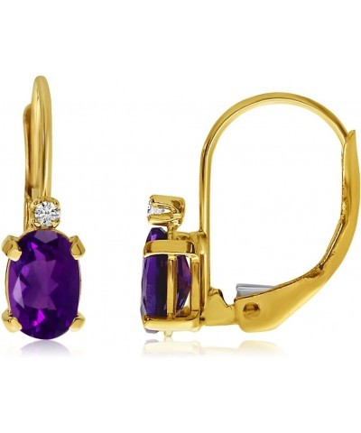 14k Gold Oval Gemstone and Diamond Leverback Earrings Amethyst Yellow Gold $85.68 Earrings