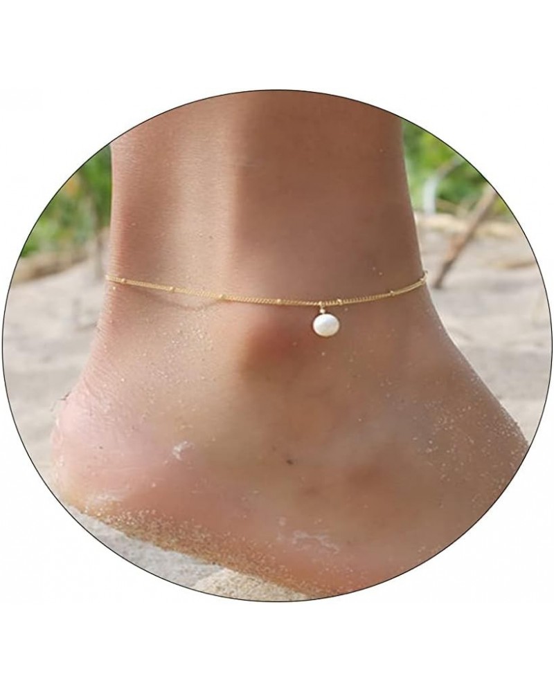 14K Gold Plated Layered Anklets Pearl Anklet Dainty Herringbone Ankle Bracelet Satellite Chain Anklets Snake Chain Anklets Cu...