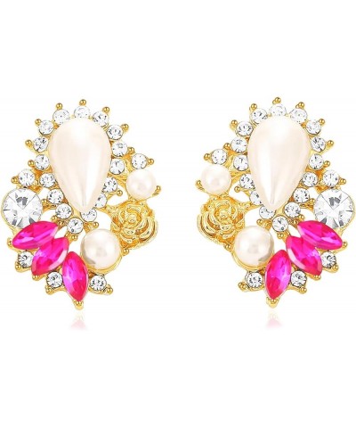 Rhinestone Pearl Drop Earrings Sparkly Faux Pearl Statement Earring Studs for Women Wedding Prom Hot Pink $10.43 Earrings