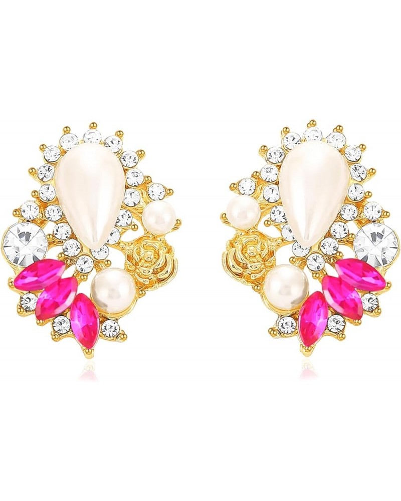 Rhinestone Pearl Drop Earrings Sparkly Faux Pearl Statement Earring Studs for Women Wedding Prom Hot Pink $10.43 Earrings