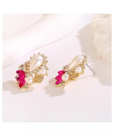 Rhinestone Pearl Drop Earrings Sparkly Faux Pearl Statement Earring Studs for Women Wedding Prom Hot Pink $10.43 Earrings