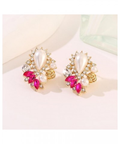 Rhinestone Pearl Drop Earrings Sparkly Faux Pearl Statement Earring Studs for Women Wedding Prom Hot Pink $10.43 Earrings