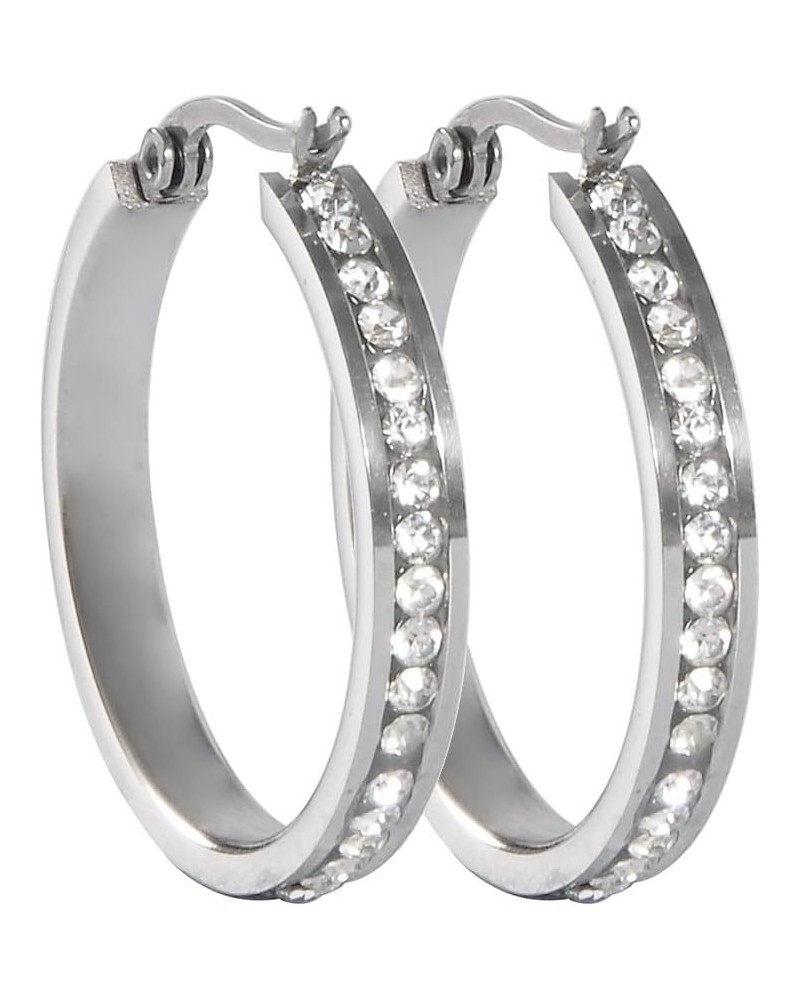 Silver Stainless Steel Big Round Hoop Earrings with Solid Shiny CZ Stones 3cmx4mm(1 1/8"*1/8") 1 $6.39 Earrings