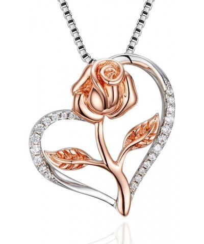 Mother's Day Necklaces for Women, Rose Necklace for Women, Rose Gold Flower Silver Heart Pendant with Gift Box, Unique Neckla...