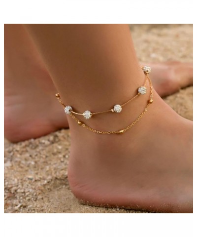 Gold Layered Drill Ball Crystal Ankle Bracelet Dainty Cute Beach Anklet Set Adjustable Alloy Foot Chain Jewelry for Women Gir...