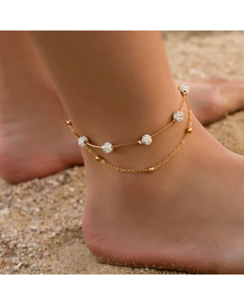 Gold Layered Drill Ball Crystal Ankle Bracelet Dainty Cute Beach Anklet Set Adjustable Alloy Foot Chain Jewelry for Women Gir...