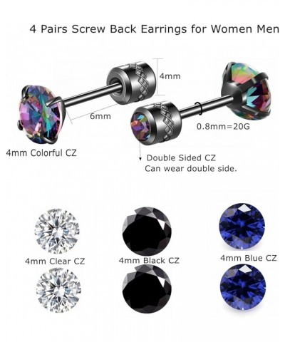 4 Pairs Titanium Screw Back Stud Earrings for Men Women, Rainbow 5A Cubic Zirconia Surgical Stainless Steel Stud Earrings Dou...