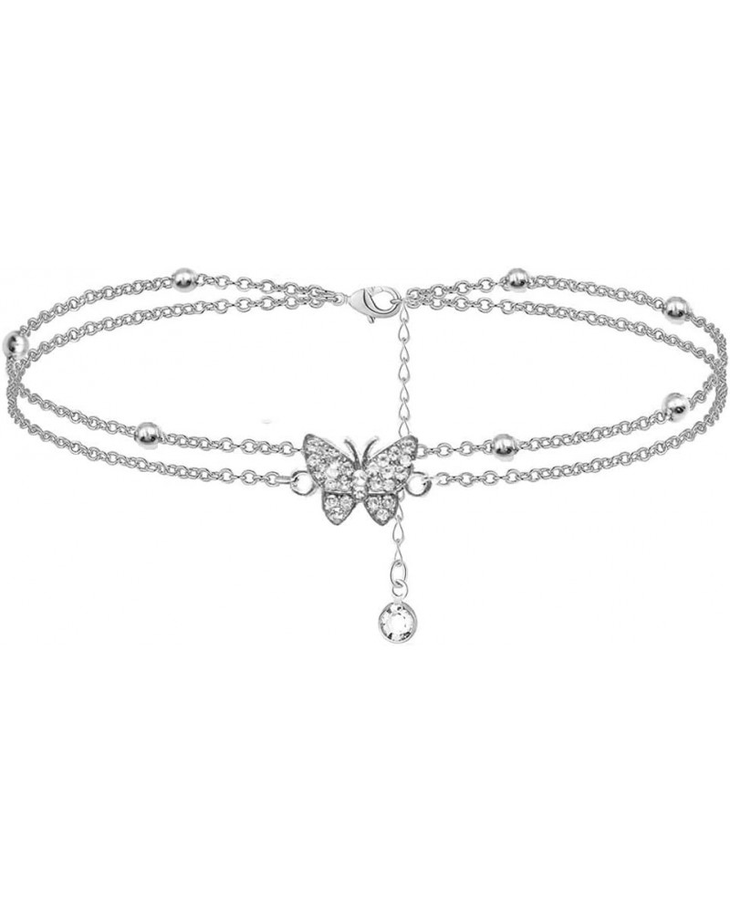 Butterfly Anklets For Women Silver Rhinestone Decor Bead Chain Cute Dainty Trendy Adjustable Layered Butterfly Anklet Bracele...