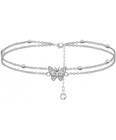 Butterfly Anklets For Women Silver Rhinestone Decor Bead Chain Cute Dainty Trendy Adjustable Layered Butterfly Anklet Bracele...