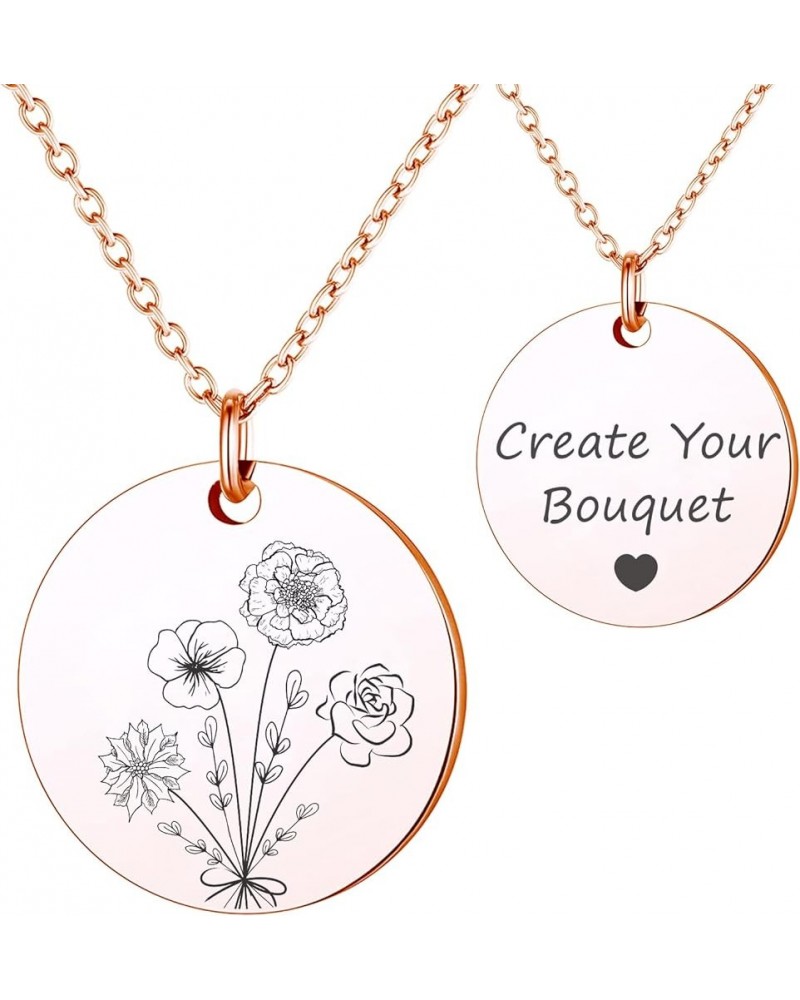 Build Your Own Bouquet Birth Month Flowers Necklace, Personalized Engraved Floral Coin Necklace, Customized Birthday Gifts Lo...