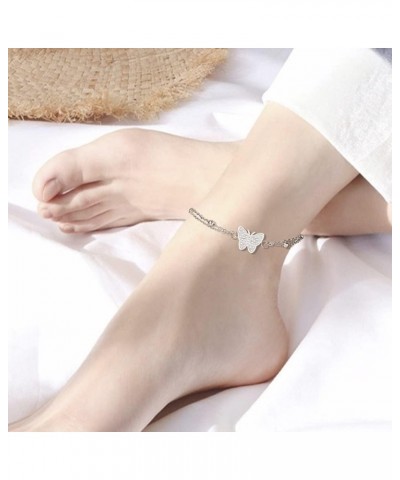 Butterfly Anklets For Women Silver Rhinestone Decor Bead Chain Cute Dainty Trendy Adjustable Layered Butterfly Anklet Bracele...