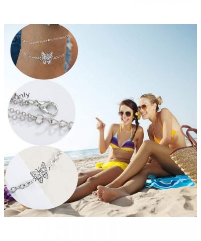 Butterfly Anklets For Women Silver Rhinestone Decor Bead Chain Cute Dainty Trendy Adjustable Layered Butterfly Anklet Bracele...