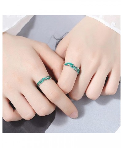 Green Leaf Couple Rings Sets for Him and Her 925 Sterling Silver Adjustable Palm Leaves Promise Engagement Statement Open Wra...