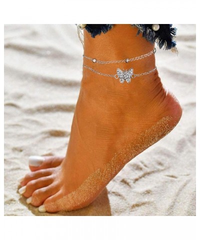 Butterfly Anklets For Women Silver Rhinestone Decor Bead Chain Cute Dainty Trendy Adjustable Layered Butterfly Anklet Bracele...