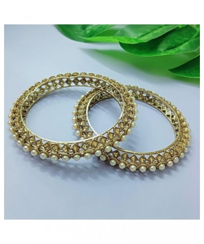 Beaded Bangles Faux Pearl Antique Boho Kundan Bangle Crystal Bracelet Bridal Wedding Party Statement Jewelry for Women (2 Pcs...