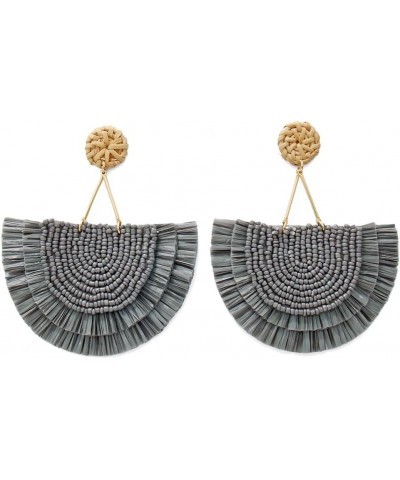 Bohemia Beaded Fringe Statement Earrings with Long Dangling Tassel Raffia Earrings for Women Big Grey $10.06 Earrings