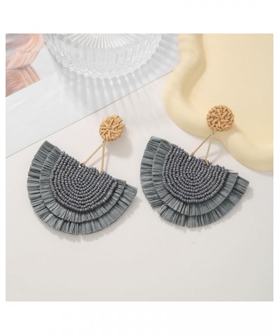 Bohemia Beaded Fringe Statement Earrings with Long Dangling Tassel Raffia Earrings for Women Big Grey $10.06 Earrings