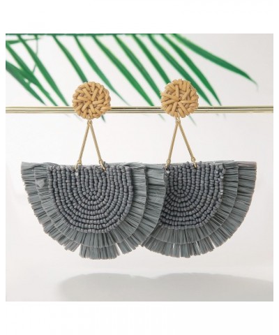 Bohemia Beaded Fringe Statement Earrings with Long Dangling Tassel Raffia Earrings for Women Big Grey $10.06 Earrings