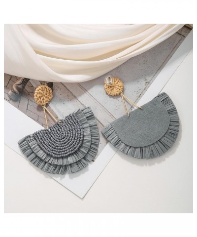 Bohemia Beaded Fringe Statement Earrings with Long Dangling Tassel Raffia Earrings for Women Big Grey $10.06 Earrings