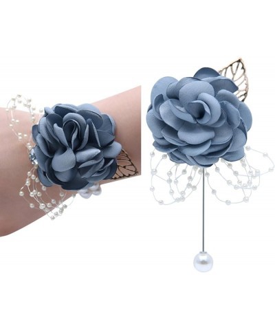 Grey Satin Rose Wrist Corsage & Boutonniere Wedding Bridal Bridesmaid Wrist Corsage Wristband and Men's Groom Bridegroom Bout...