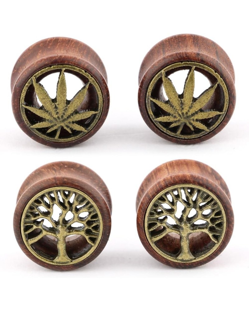 Brass Tree of Life and Marijuana Leaf Wood Ear Gauges Tunnels Plugs Statement Earrings Brown 1/2"-12mm $10.54 Body Jewelry