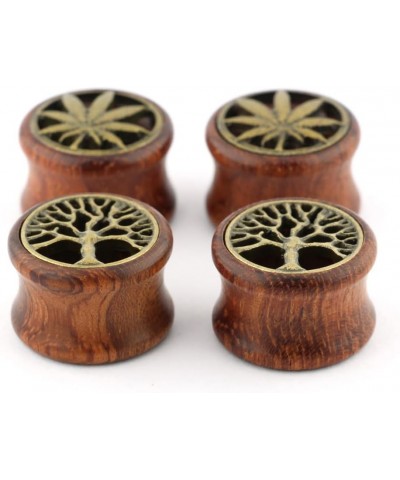 Brass Tree of Life and Marijuana Leaf Wood Ear Gauges Tunnels Plugs Statement Earrings Brown 1/2"-12mm $10.54 Body Jewelry