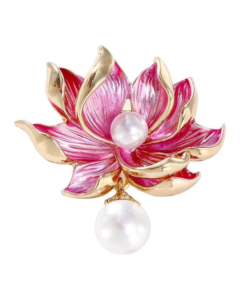 Pink Lotus Flower Brooch Pin Enamel Flower with White Pearl Lapel Pin Dainty Pearl Lotus Safty Pin Gift for Women Girls Mothe...