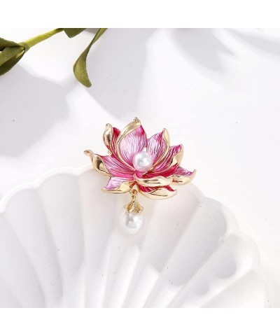 Pink Lotus Flower Brooch Pin Enamel Flower with White Pearl Lapel Pin Dainty Pearl Lotus Safty Pin Gift for Women Girls Mothe...