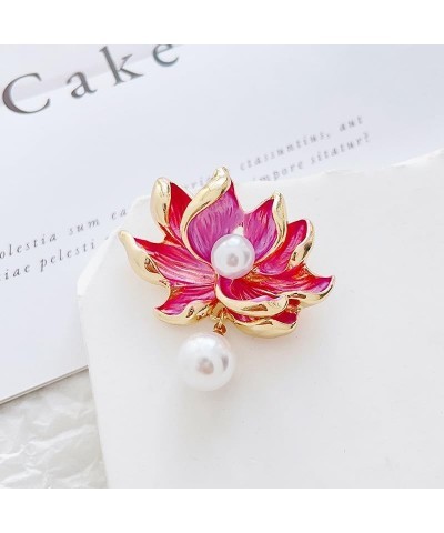 Pink Lotus Flower Brooch Pin Enamel Flower with White Pearl Lapel Pin Dainty Pearl Lotus Safty Pin Gift for Women Girls Mothe...