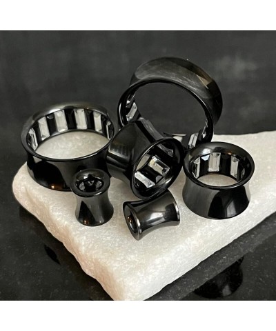 PAIR of Black Ion Plated Steel Saddle Tunnels with Inner Square Clear & Black Gems Double Flare Plugs Gauges 0g (8mm) $10.97 ...