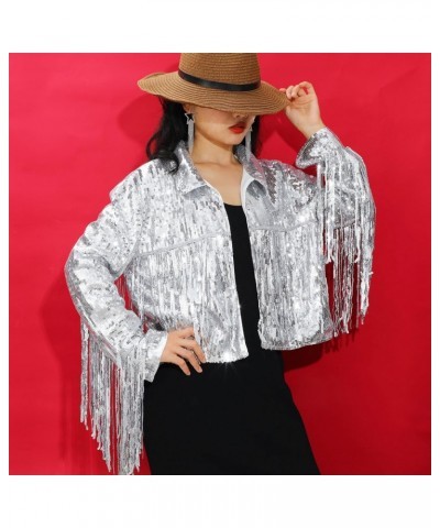 Women's Sequin Fringe Jacket Disco Theme Star Tassel Earrings Costume Accessory Silver Glitter Sequin Jacket Crystal Waterfal...