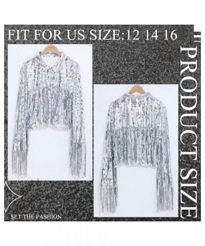 Women's Sequin Fringe Jacket Disco Theme Star Tassel Earrings Costume Accessory Silver Glitter Sequin Jacket Crystal Waterfal...