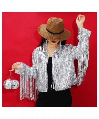 Women's Sequin Fringe Jacket Disco Theme Star Tassel Earrings Costume Accessory Silver Glitter Sequin Jacket Crystal Waterfal...