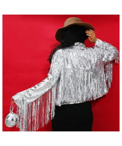 Women's Sequin Fringe Jacket Disco Theme Star Tassel Earrings Costume Accessory Silver Glitter Sequin Jacket Crystal Waterfal...