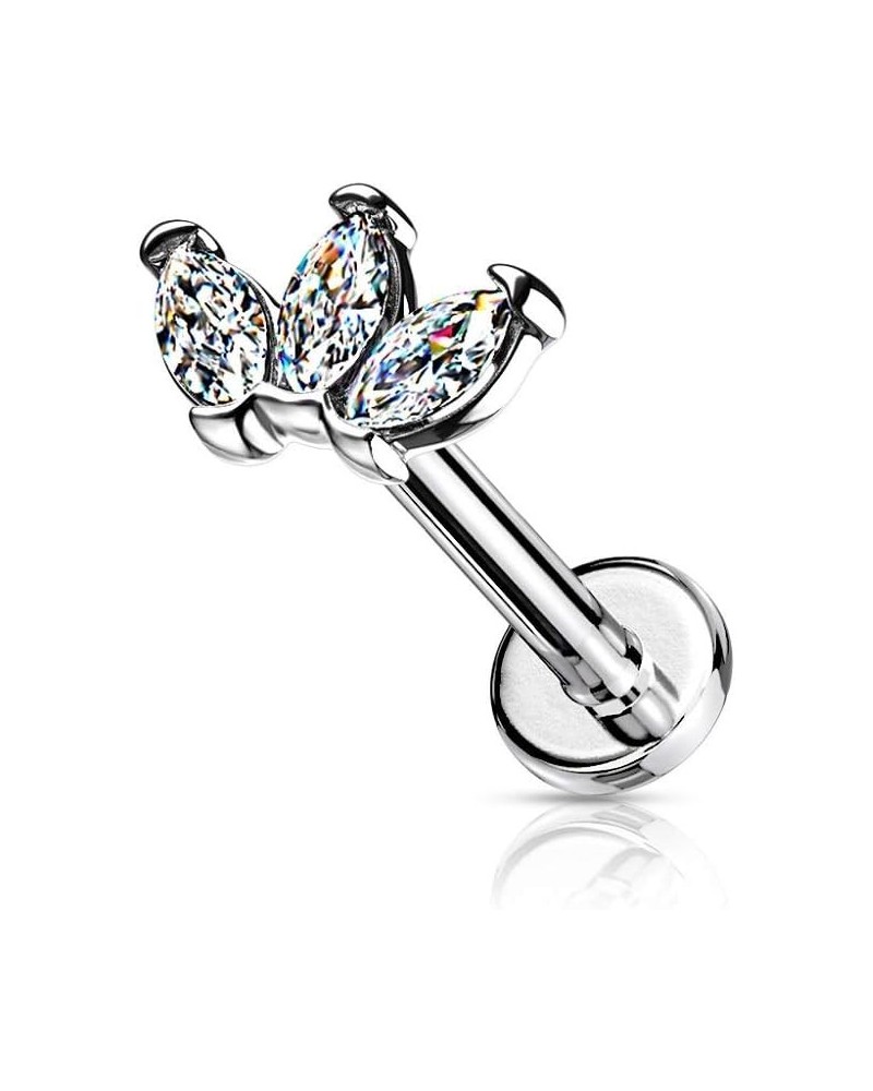 16G Stainless Steel Internally Threaded Triple Marquise CZ Crystal Top Flat Back Lip Cartilage Tragus Stud Silver Tone $8.11 ...