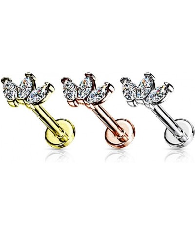 16G Stainless Steel Internally Threaded Triple Marquise CZ Crystal Top Flat Back Lip Cartilage Tragus Stud Silver Tone $8.11 ...