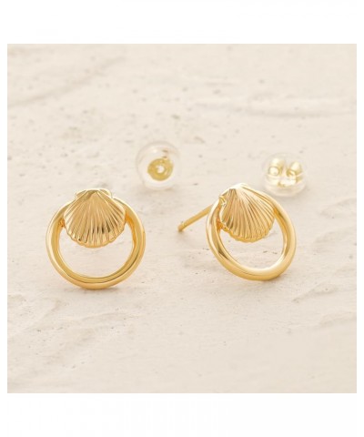 Women Earrings Gold Stud 14K Gold Filled Small Simple Hypoallergenic Summer Beach Everyday Jewelry Clam Shell Sideways Circle...