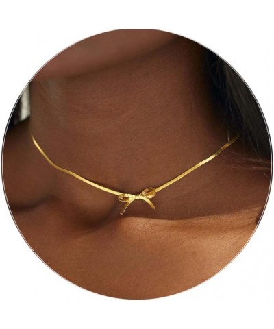 Bow Neckalce for Women Gold Bowknot Ribbon Choker Necklace 14K Gold Plated Bow Necklace Rhinestone Pearl Bow Choker Jewelry f...