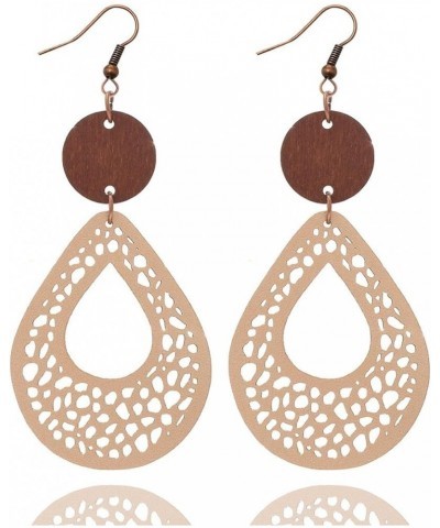 Vintage Hollow Out Geometric Wooden Leather Earrings for Women Girls Lightweight Ethnic Teardrop Dangle Earrings Boho Stateme...