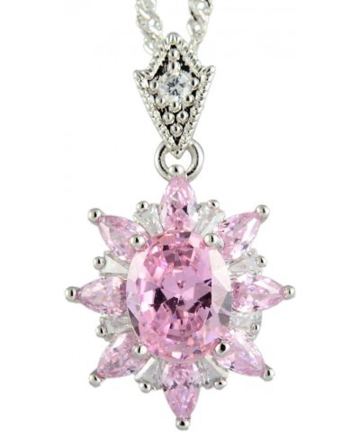 Oval CubicZirconia 18K White Gold Plated Flower Pendant Necklace Curb Chain Pink $7.00 Necklaces