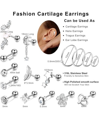 26Pcs 16g Cartilage Stud Earrings for Women 316L Stainless Steel Cartilage Earring Stud Tragus Stud Earrings Set Forward Heli...