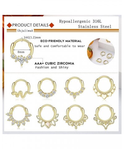 9Pcs Septum Jewelry 16G Daith Earrings Hinged Hoop Nose Rings 316L Stainless Steel Septum Clicker CZ Rings for Women Cartilag...