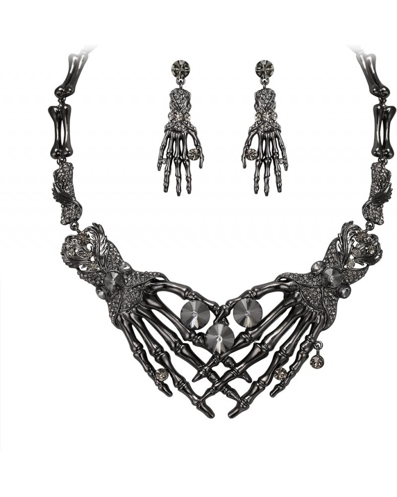 Austrian Crystal Halloween Skeleton Hand Skull Necklace Earrings Set Gray Black-Tone $11.96 Jewelry Sets